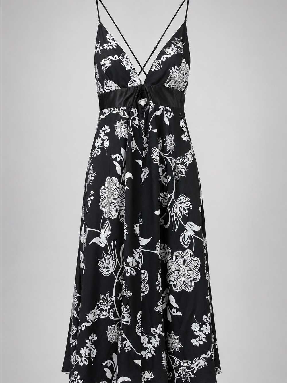 Black Floral Satin Slip Dress with Crisscross Straps